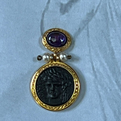 Double drop Etruscan  earrings  with amethyst coloured top, and black coin drop