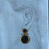 Double drop Etruscan  earrings  with amethyst coloured top, and black coin drop