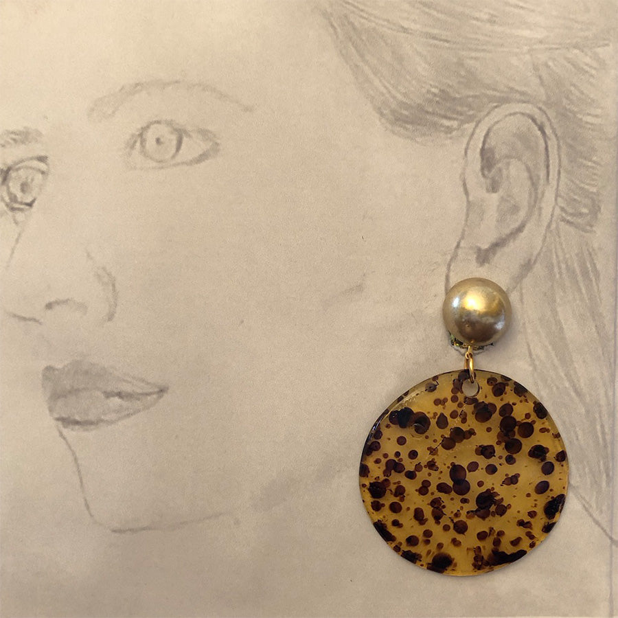 Stunning antique gold disc clip earrings with large tortoiseshell drop