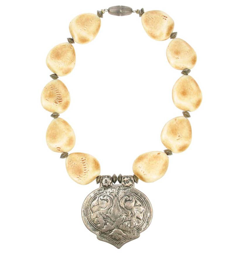 Antique Faux Ivory Necklace with silver plated Indian emblem
