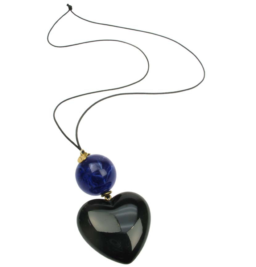 Black heart pendant with bright navy blue bead.