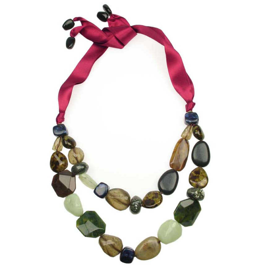 Double row necklace with wine satin ribbon fastening