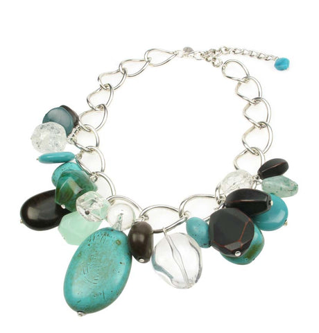 Cascading turquoise, crystal and wood resin bead necklace
