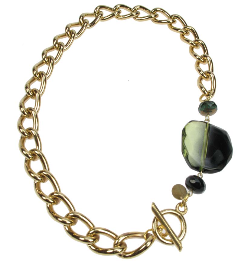 Chunky Chain Gold plated necklace with smoked green bead
