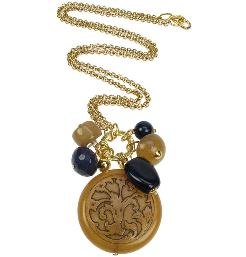 Antique amber, navy multi pendant on gold plated chain