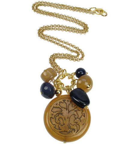Antique amber, navy multi pendant on gold plated chain