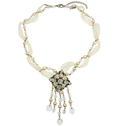 Organza  and glass pearl and crystal drop necklace