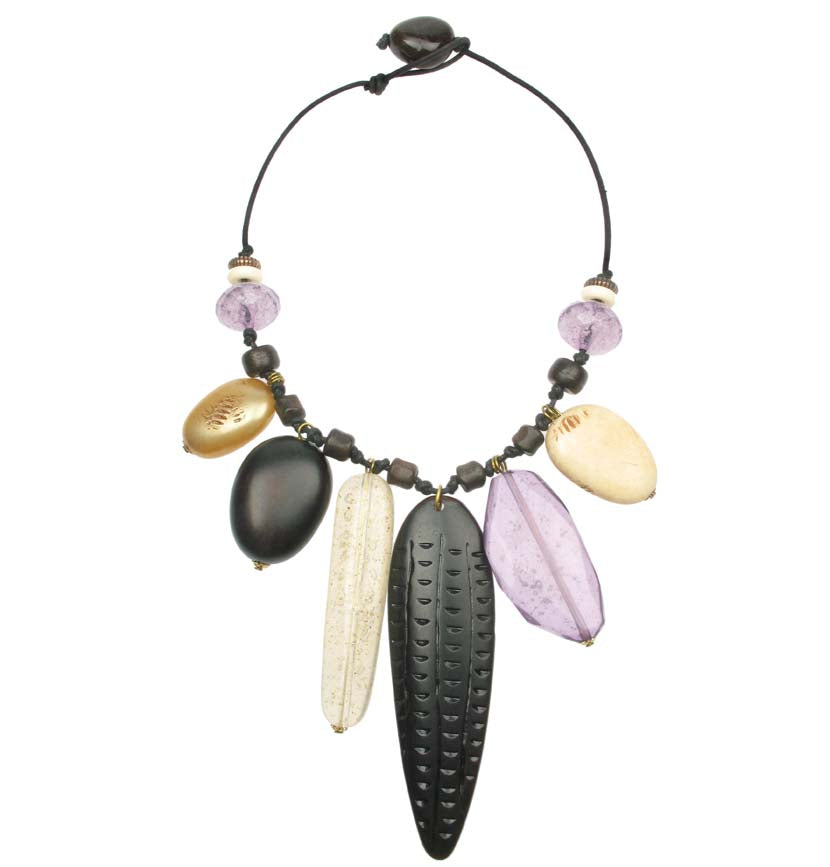Amethyst, wood, and ivory resin necklace