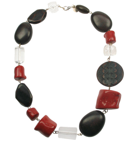 Antique coral, wood and crystal resin necklace