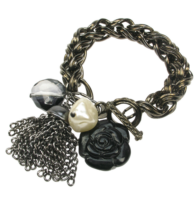 Chunky black metal plated  chain bracelet with tassel