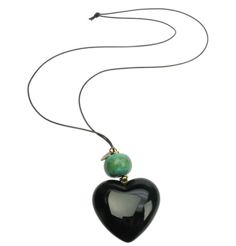 Black heart pendant with antique turquoise bead.