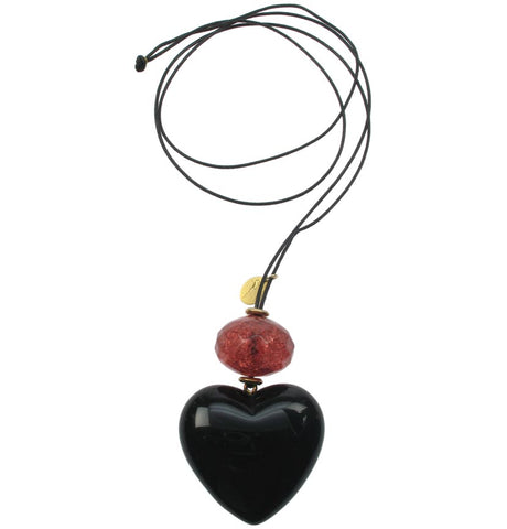 Black heart pendant with cracked raspberry bead.