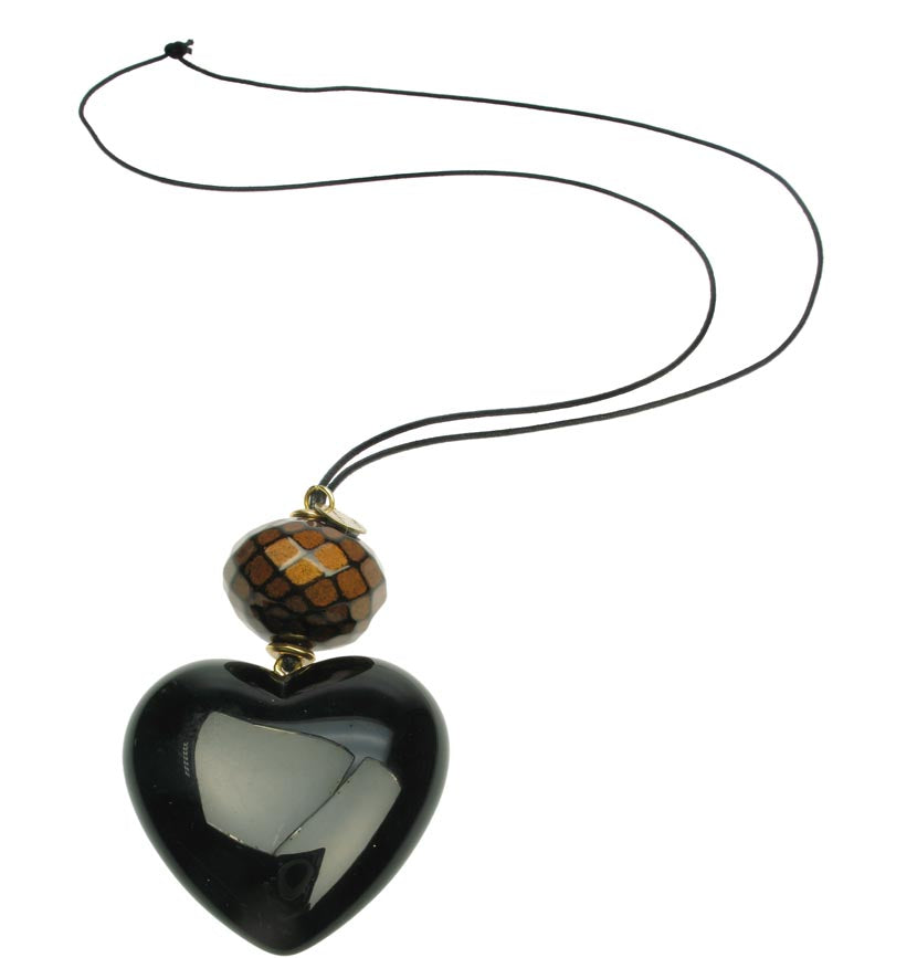 Black heart pendant with chocolate and black faceted bead.
