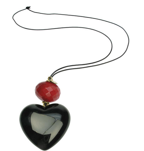 Black heart pendant with ruby red bead.