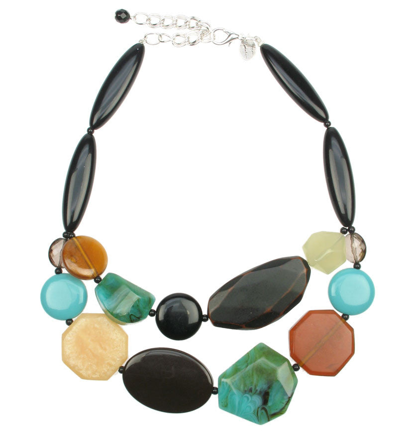 Double necklace with turquoise, wood and black beads