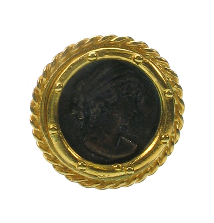 Vintage Etruscan style clip earring with black coin centre.