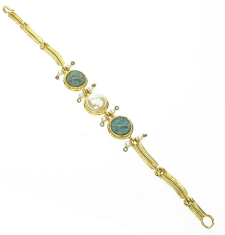 Etruscan style bracelet with cast roman coins and japanese glass pearls