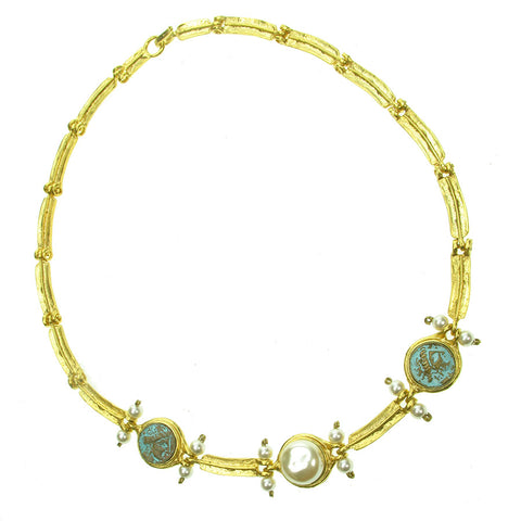 Etruscan style necklace with patinated green cast roman coins and japanese glass pearls