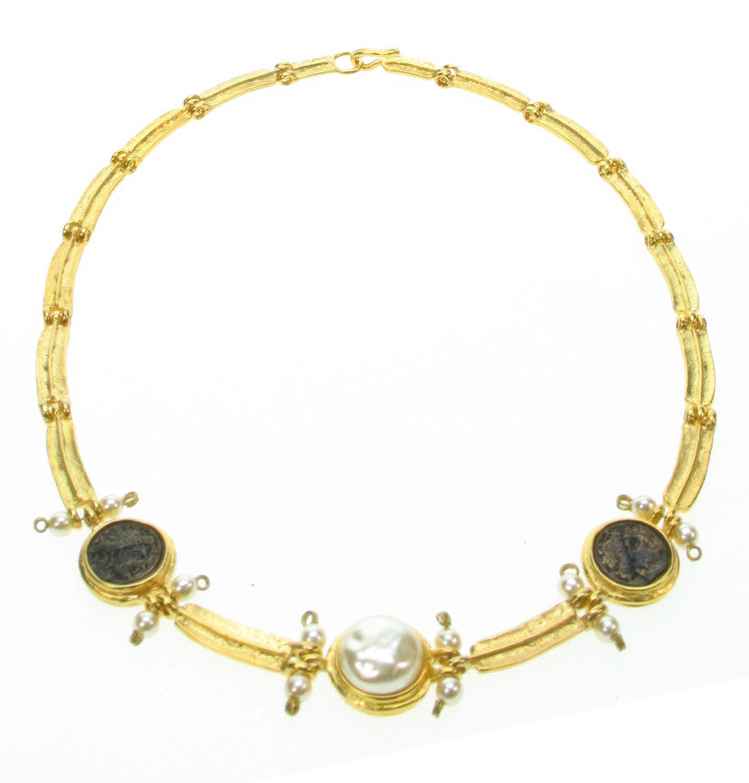 Etruscan style necklace with patinated black cast roman coins and japanese glass pearls