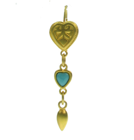 Gold frost and turquoise vintage Lesley Block heart earrings