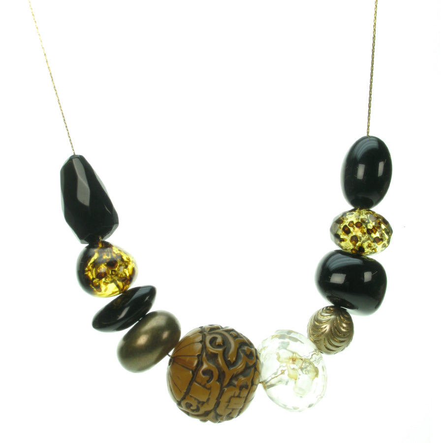 Blend of black, antique gold and tortoise bead necklace