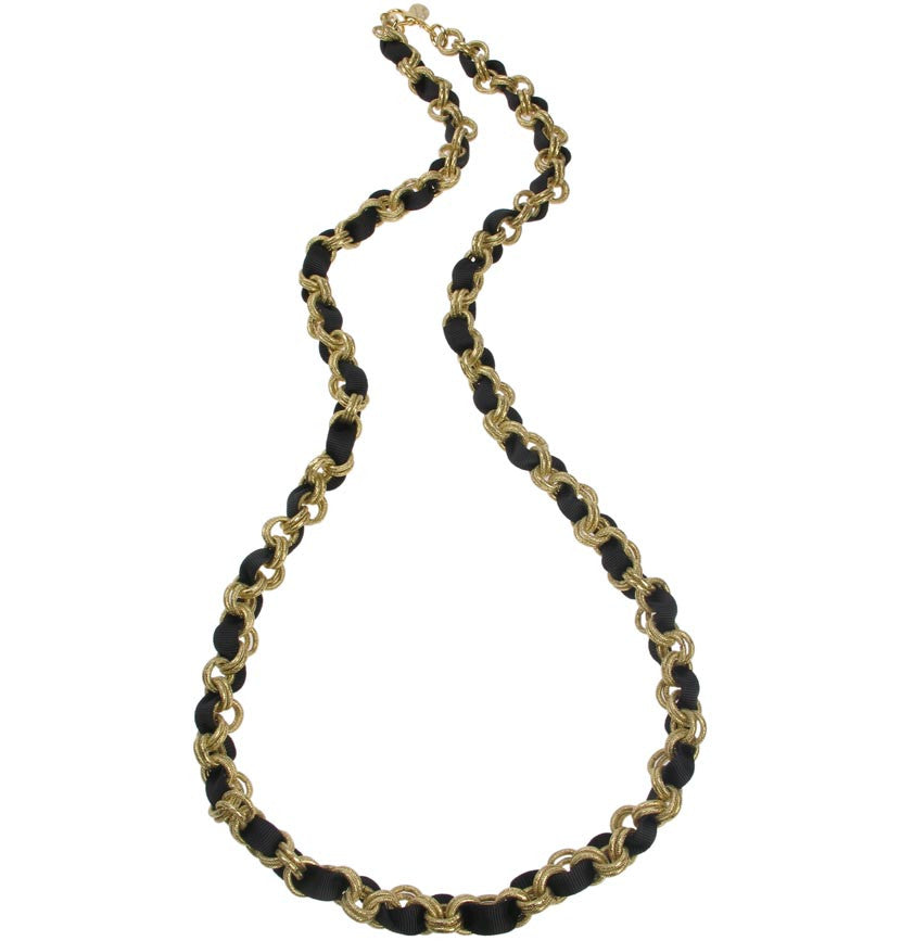 Chain necklace with black grosgrain ribbon