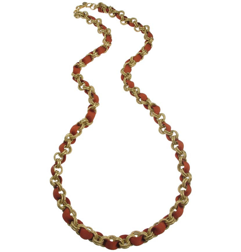 Chain necklace with coral grosgrain ribbon