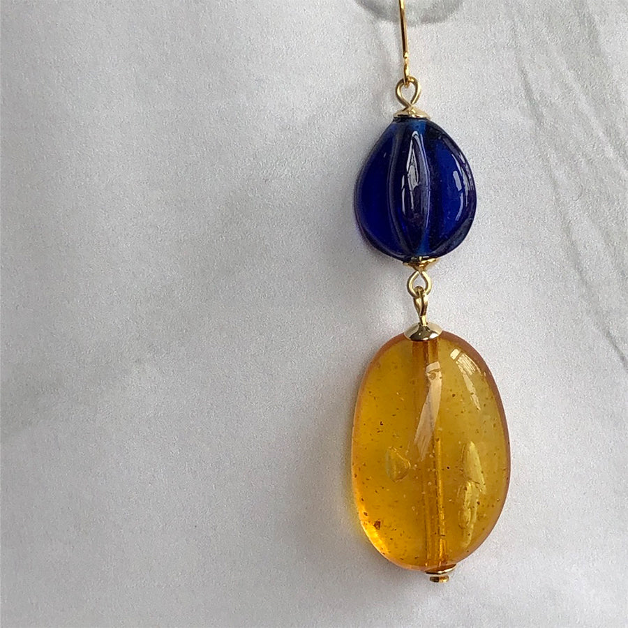 Amber and blue glass drop earrings 100% of proceeds go to Ukrainian charities