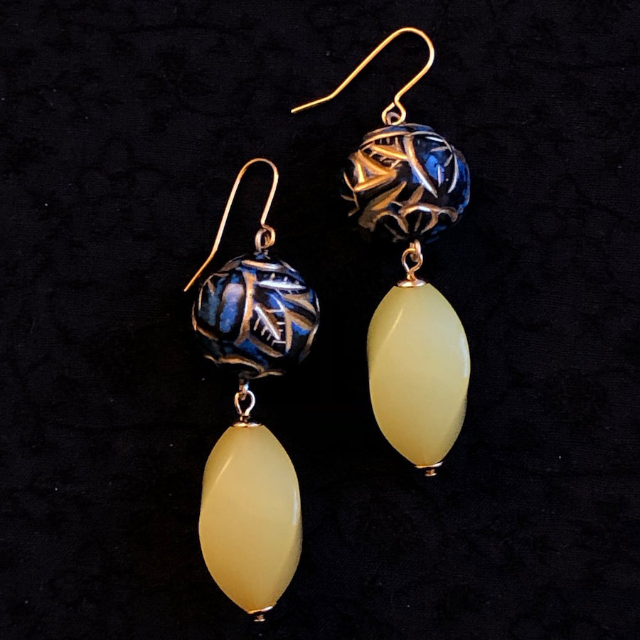 Engraved blue Venetian engraved resin bead with yellow drop earrings 100% of proceeds go to Ukrainian charities